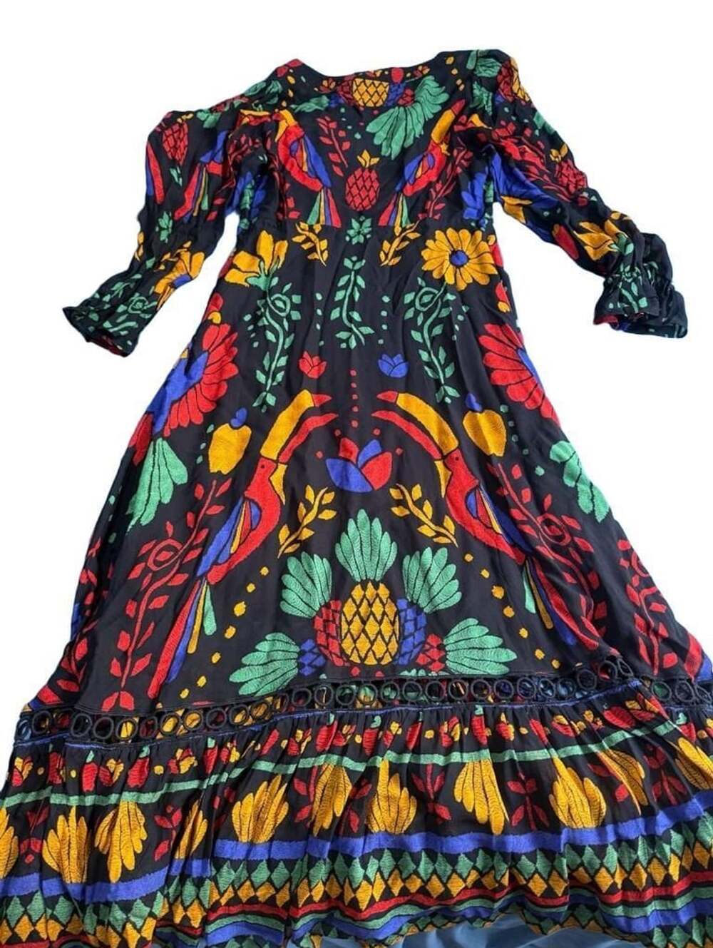 FARM Rio Toucan Pineapple Print Maxi Dress Size M Long Sleeve - Picture 4 of 5